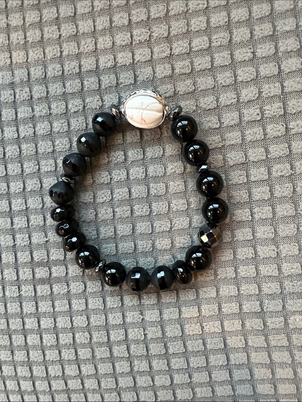 Black Beaded Bracelet with White Stone sterling silver accent
